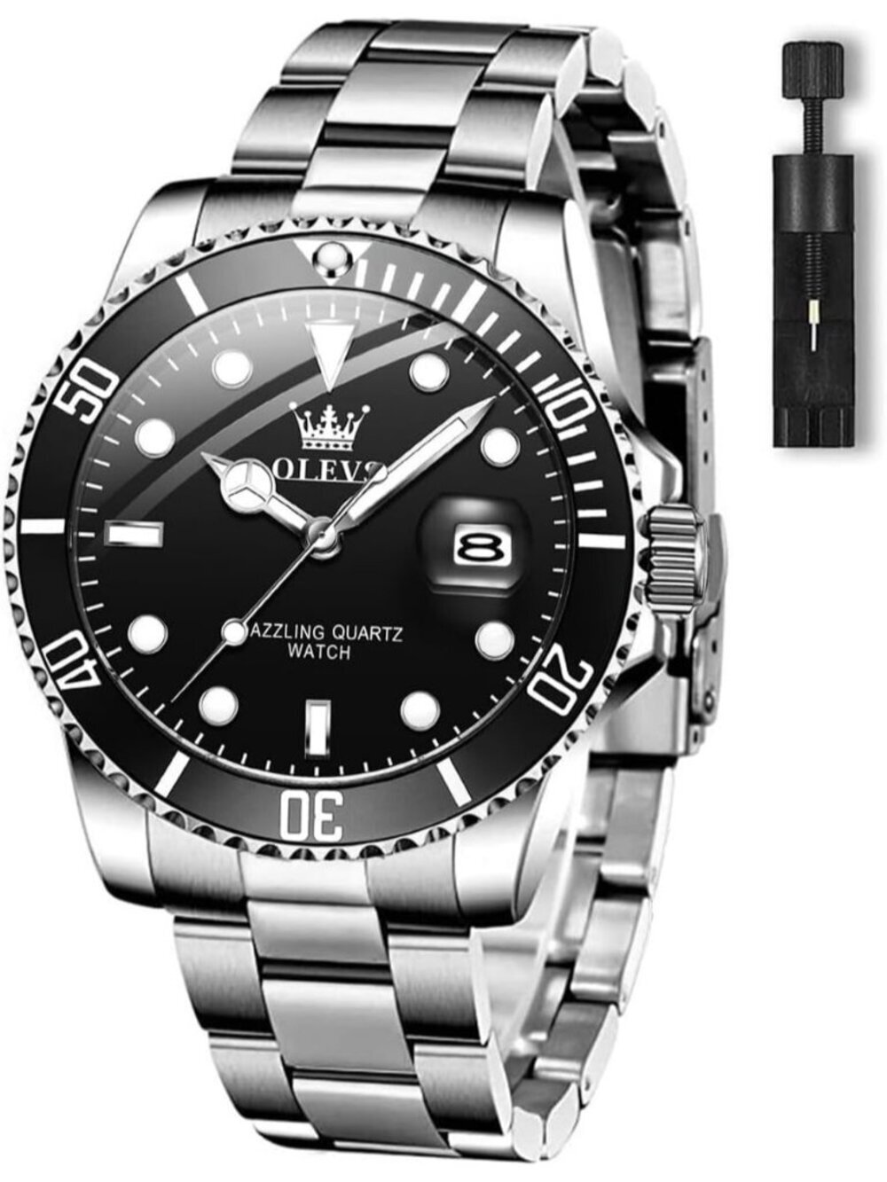 Men's Black Premium Silver Stainless Analog Rotatable Bezel Date Steel Watch